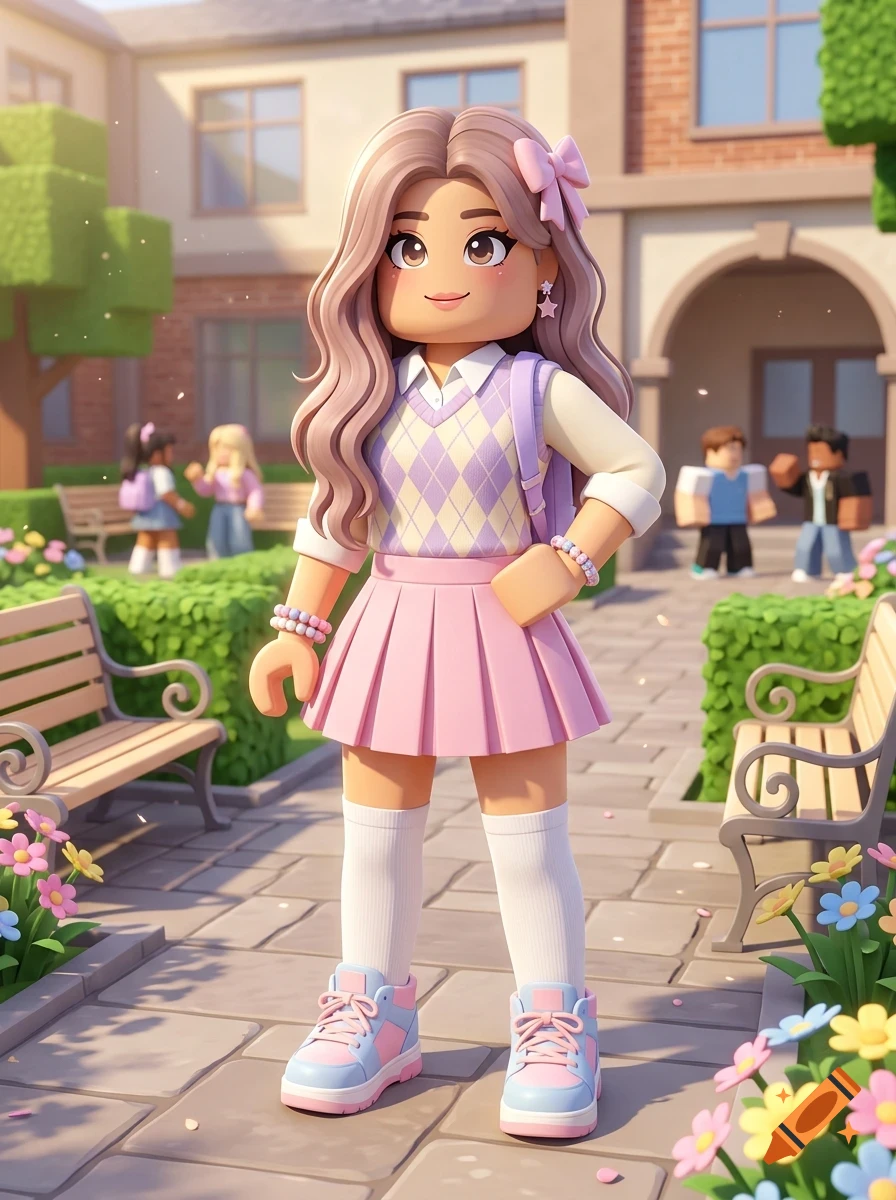 An avatar character styled like a toy block figure stands on a school courtyard path, wearing a preppy pastel outfit with a pleated skirt, argyle vest, and backpack, surrounded by benches, flowers, and other students in the background.