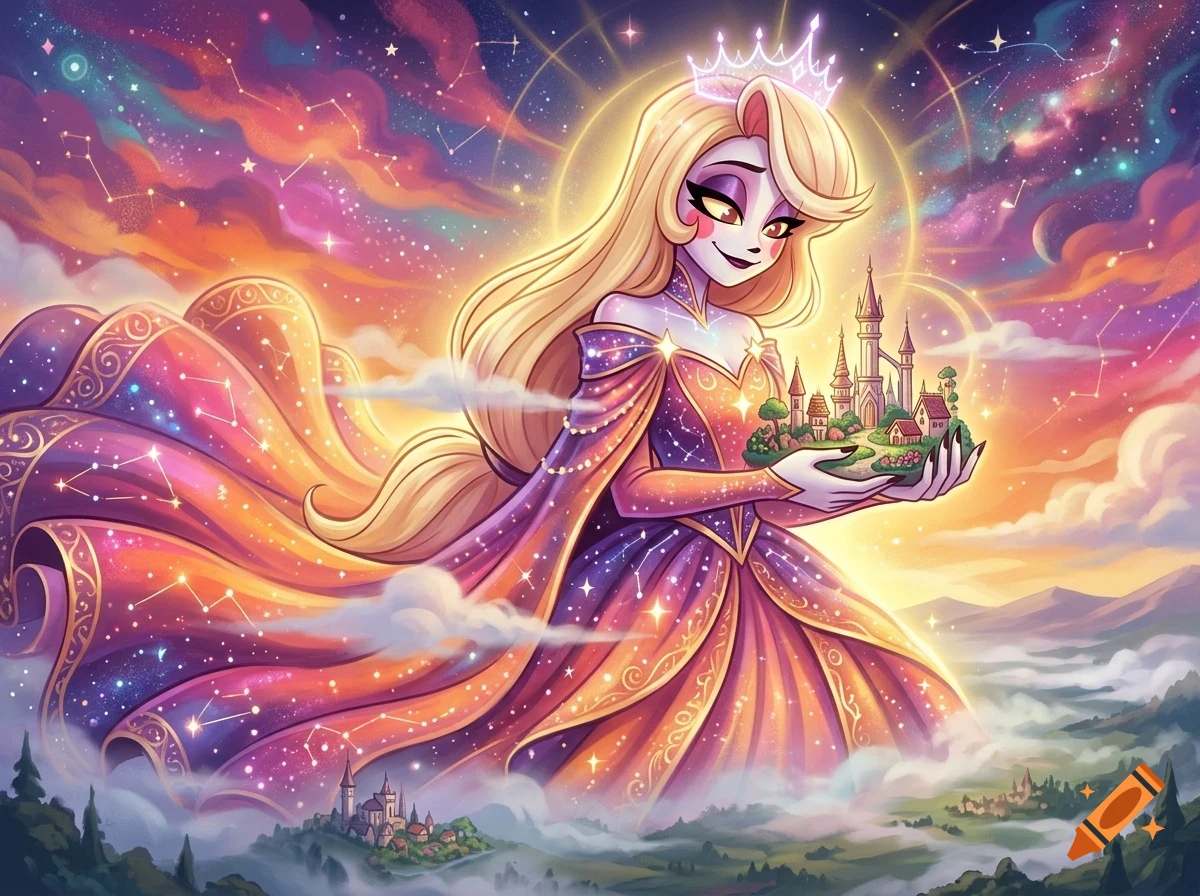 An illustrated giant celestial queen with blonde hair and a crown, wearing a starry gown, holds a miniature kingdom in her hands against a magical, colorful nebula and sky.