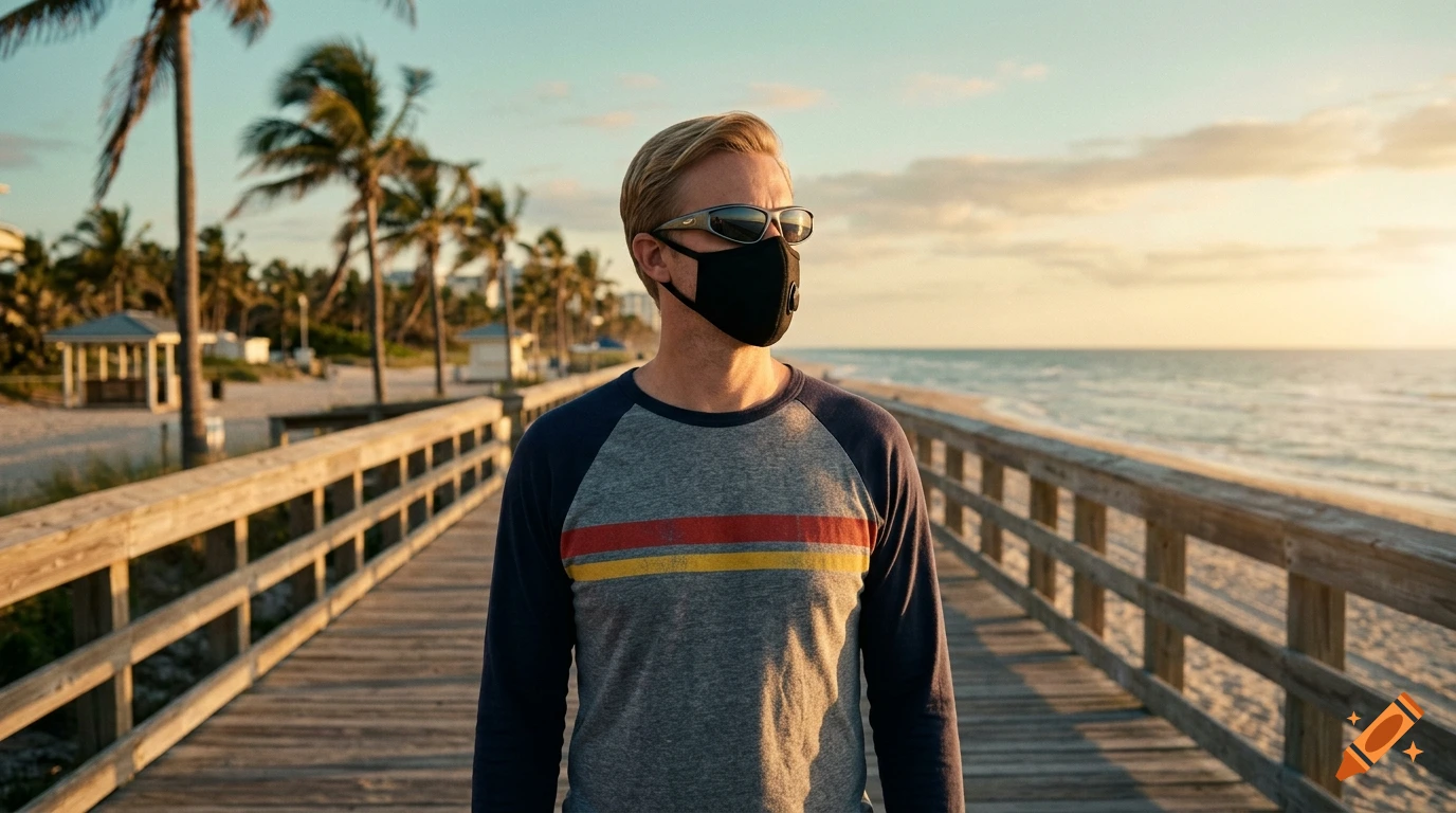 Cinematic retro photo of a blonde man with sunglasses and a mask on a Miami boardwalk at sunset.