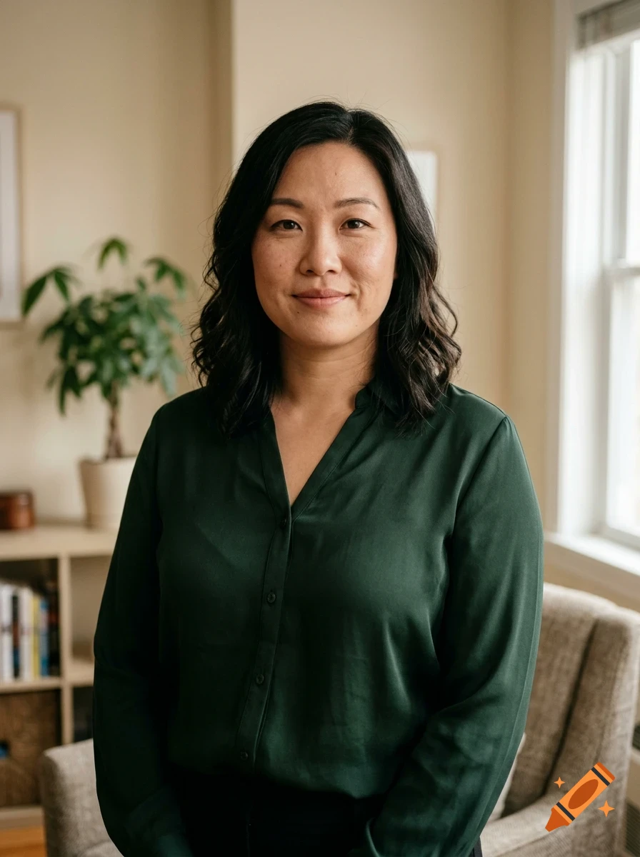 A portrait of an Asian woman with dark hair wearing a dark green button-down shirt indoors.