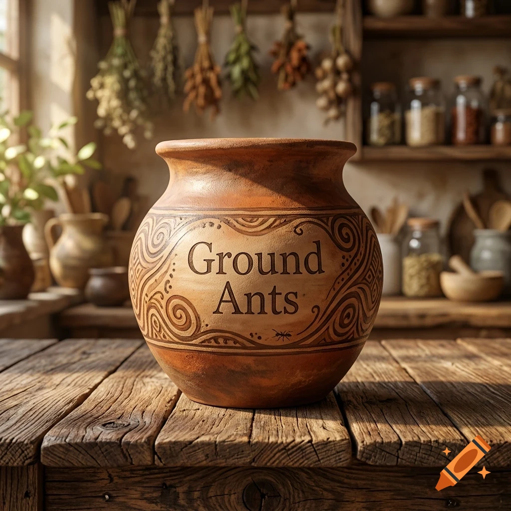 A rustic terracotta jar with engraved swirling patterns and the text Ground Ants sits on a wooden table in a kitchen.