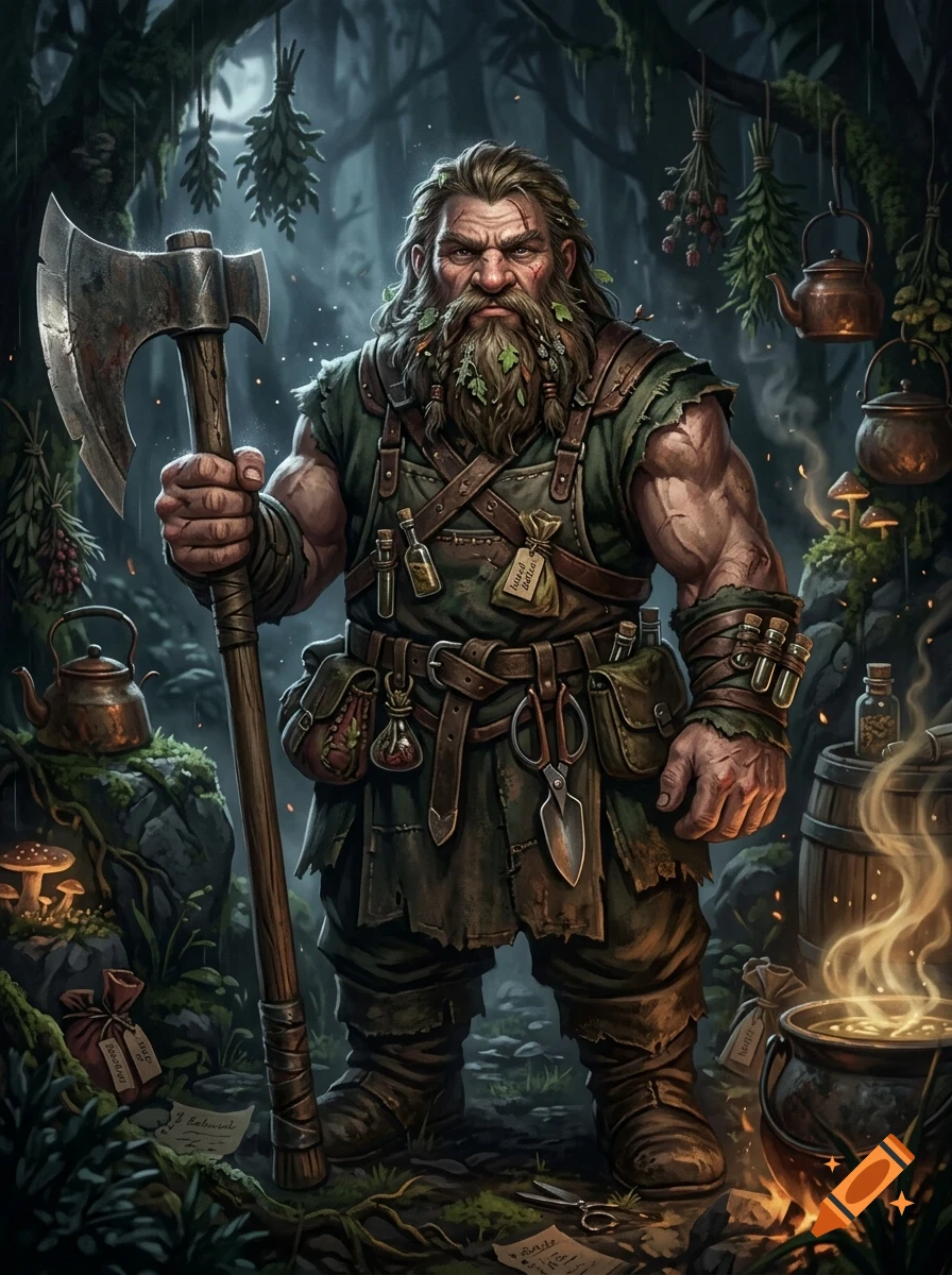 A heavily built male dwarf with a braided beard and green tunic holds a large axe, standing in a dimly lit forest filled with hanging herbs, vials, and a steaming cauldron.