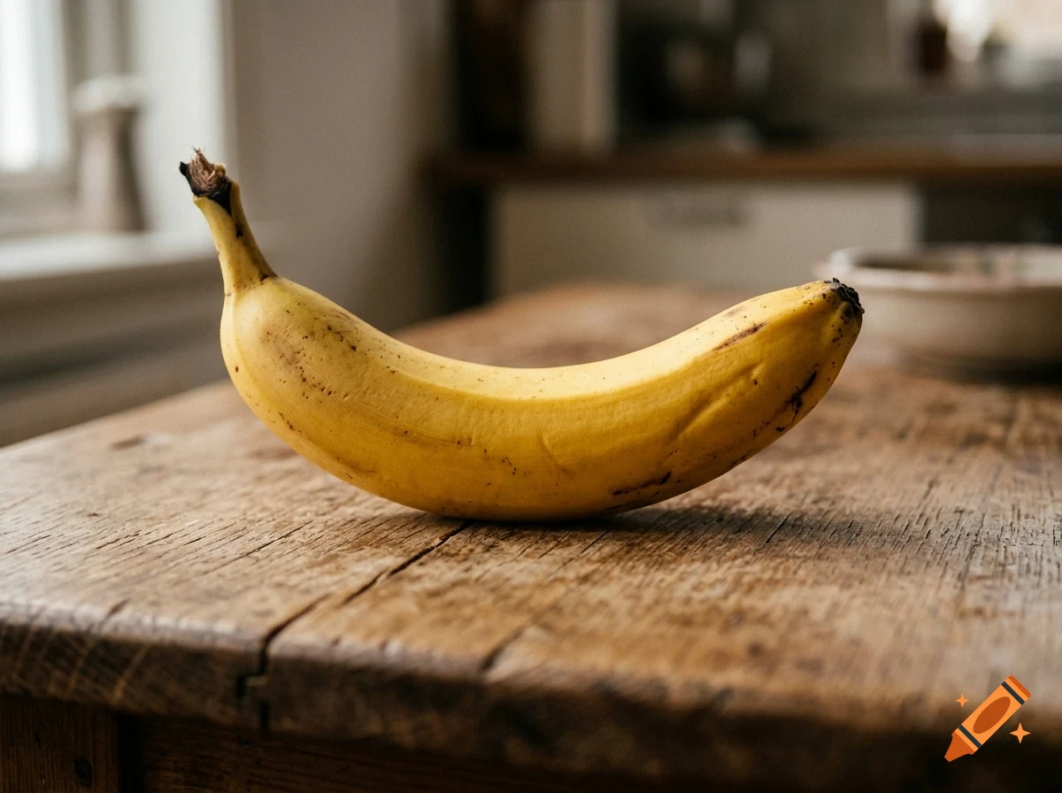 A ripe yellow banana resting horizontally on a rustic wooden table.
