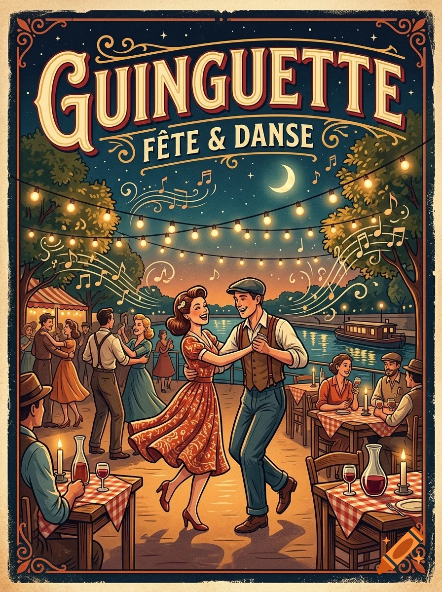 Vintage poster illustration of couples dancing outdoors at a night festival by the water, illuminated by string lights, with the text GUINGUETTE FÊTE & DANSE at the top.