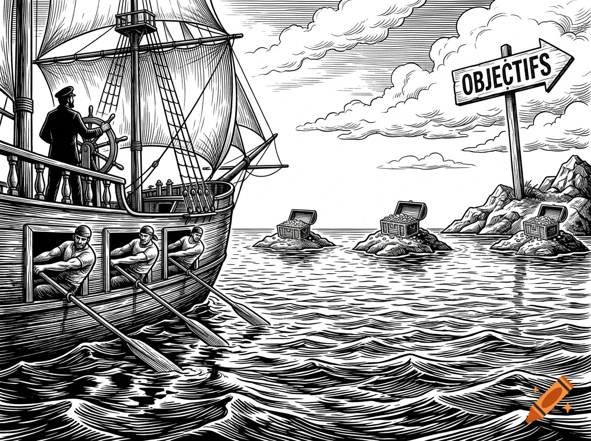 An ink-pencil drawing of a large sailing ship on the water with crew members rowing, a captain at the helm, and treasure chests on rocky islets ahead.