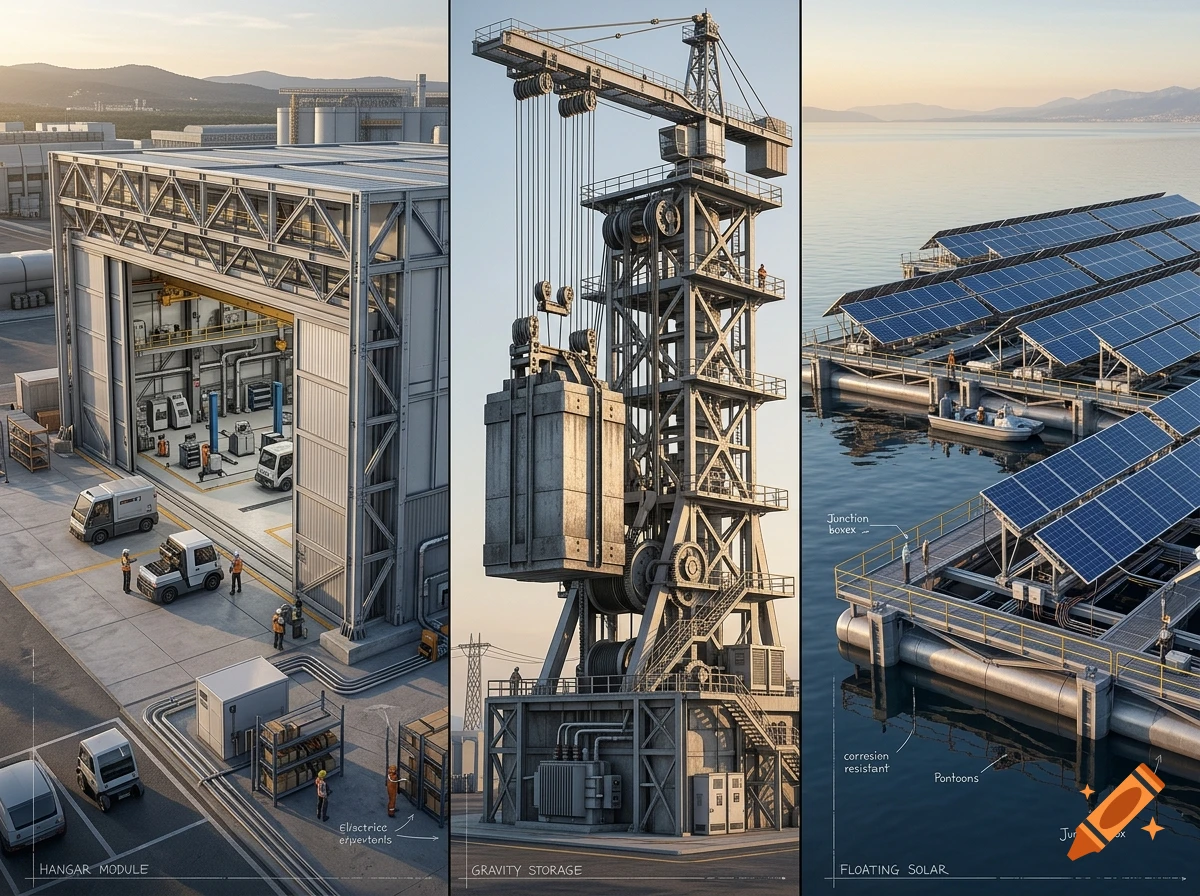 Triptych of industrial infrastructure including a maintenance hangar, gravity storage crane, and floating solar panels.
