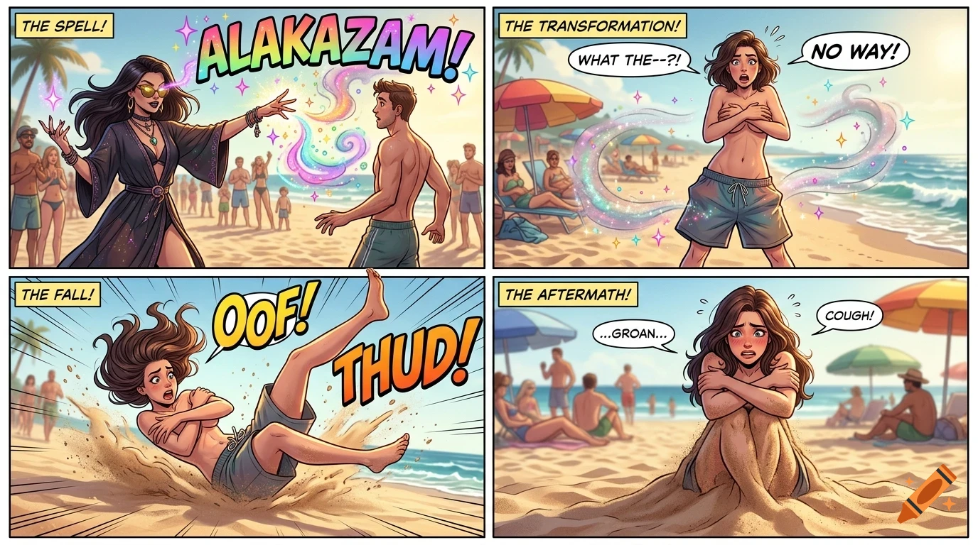 A comic strip depicting a woman undergoing a magical transformation on a sunny beach.