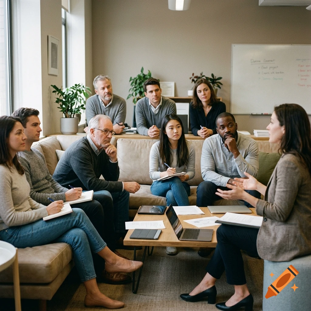 Photorealistic image of a diverse group of people listening attentively to a woman presenting in a modern office.