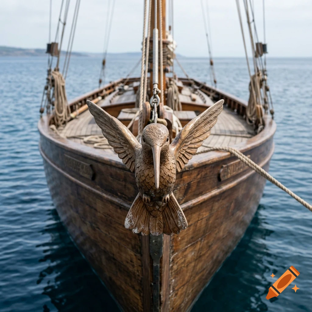 A wooden ship with a carved hummingbird figurehead sailing on the open sea.