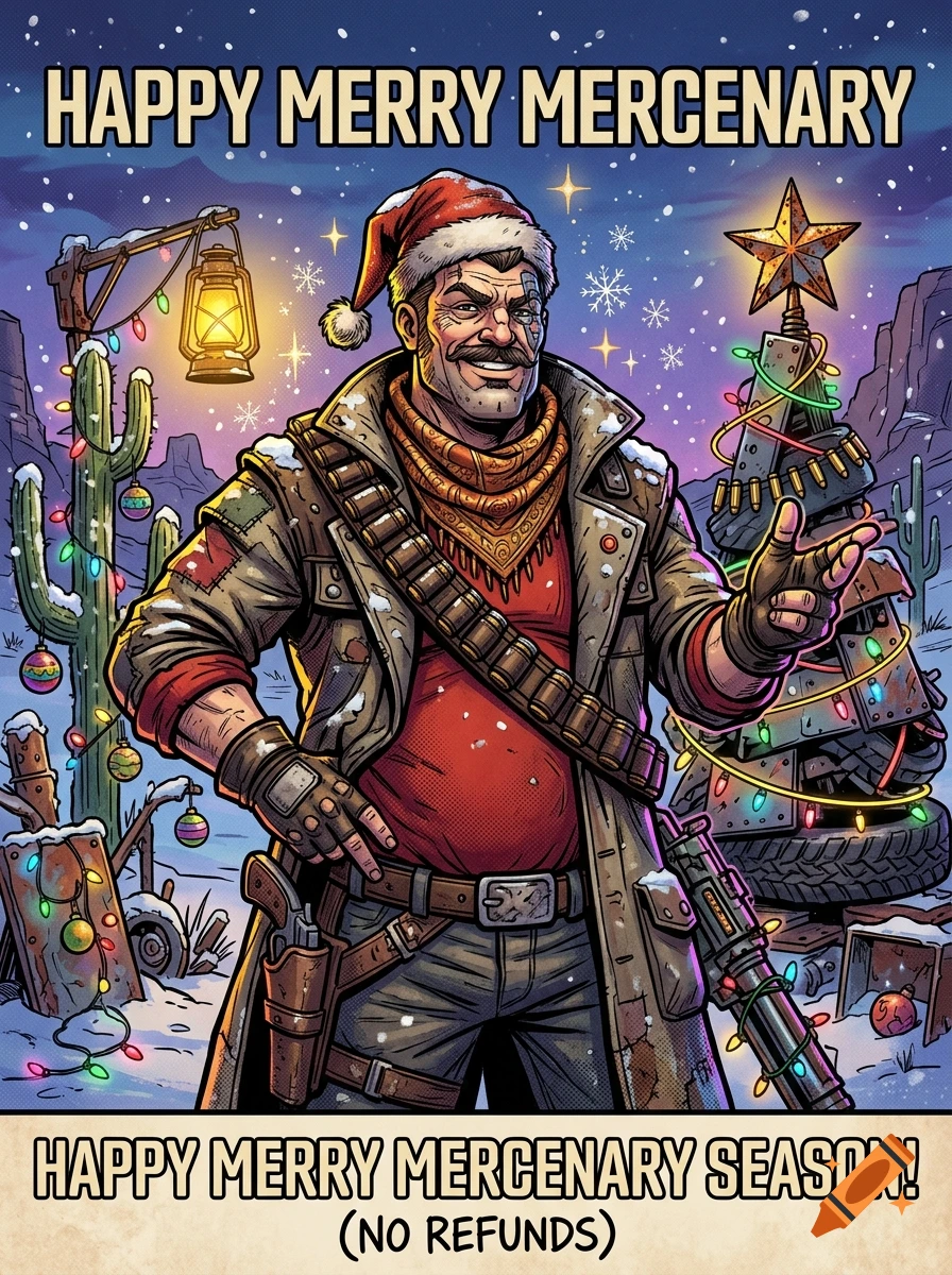 Comic book style holiday greeting card featuring a male mercenary in a Santa hat standing in front of a post-apocalyptic Christmas tree.