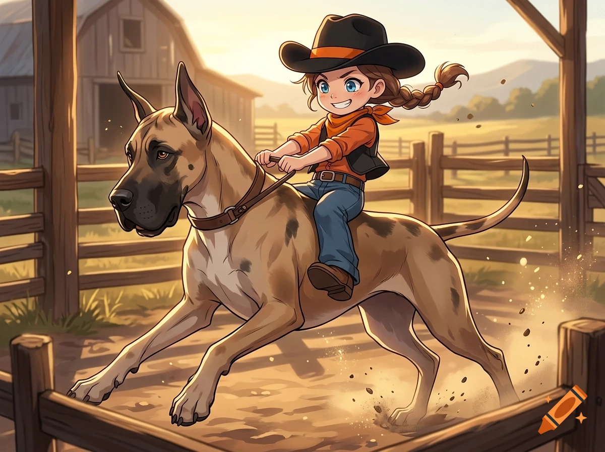 A cartoon cowgirl smiling as she rides a large, bounding Great Dane through a fenced ranch yard.