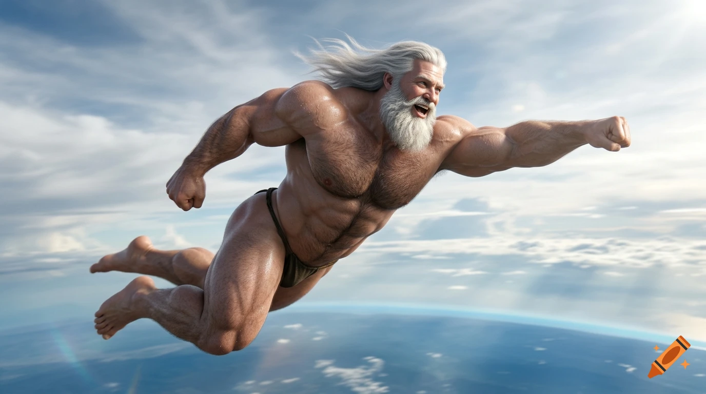 Photorealistic image of a muscular, bearded giant god soaring through the sky above clouds and earth.