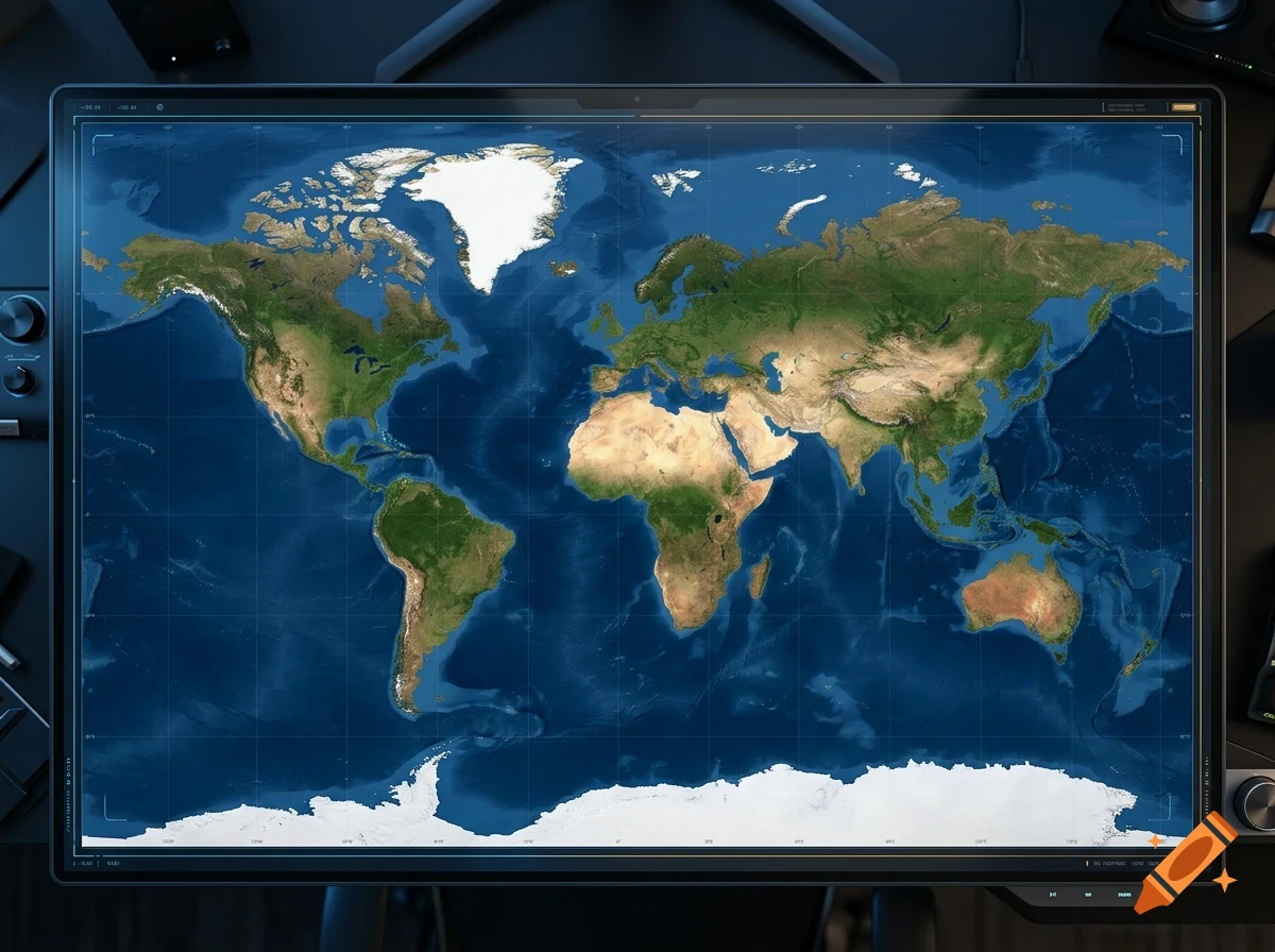 A high-resolution satellite-style world map displayed on a sleek, modern monitor screen, showing continents and oceans with grid lines.