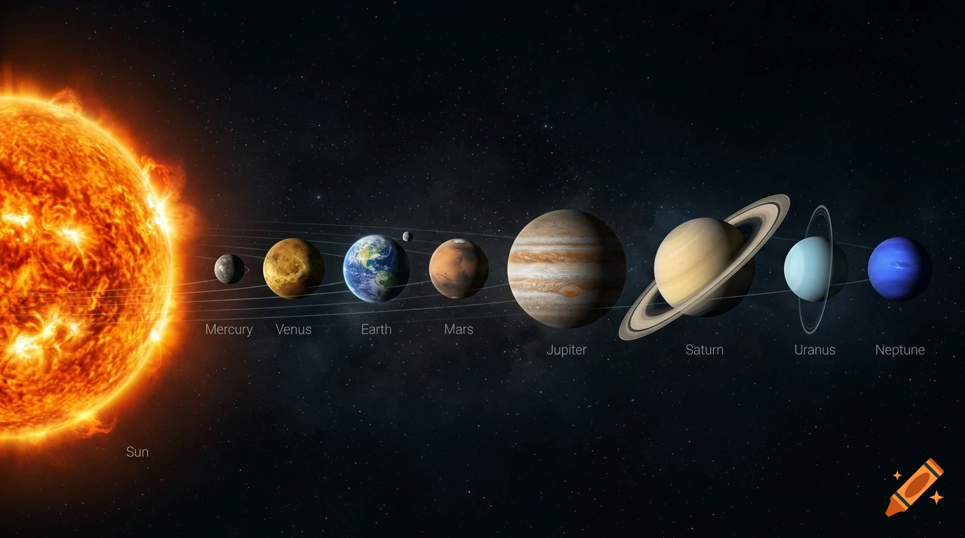 An educational space illustration displaying the Sun and all planets of the solar system in order from closest to farthest, set against a star-filled background.