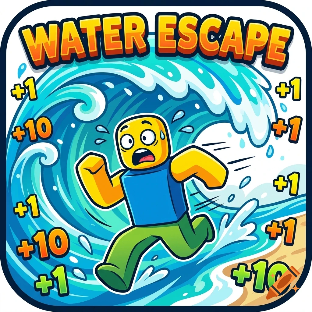 A stylized cartoon character running away from a large wave with the text Water Escape above.