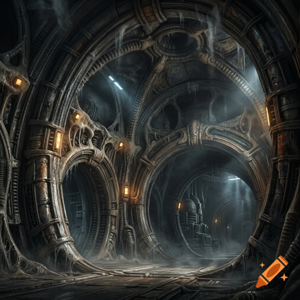 A dimly lit, biomorphic industrial interior with complex metallic arches, tunnels, and pipes.