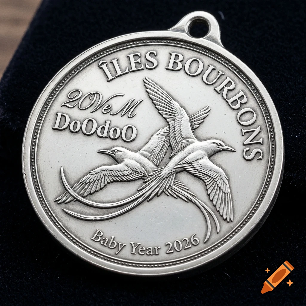 A silver commemorative medal featuring two tropicbirds in flight, text "ILES BOURBONS", and "Baby Year 2026".