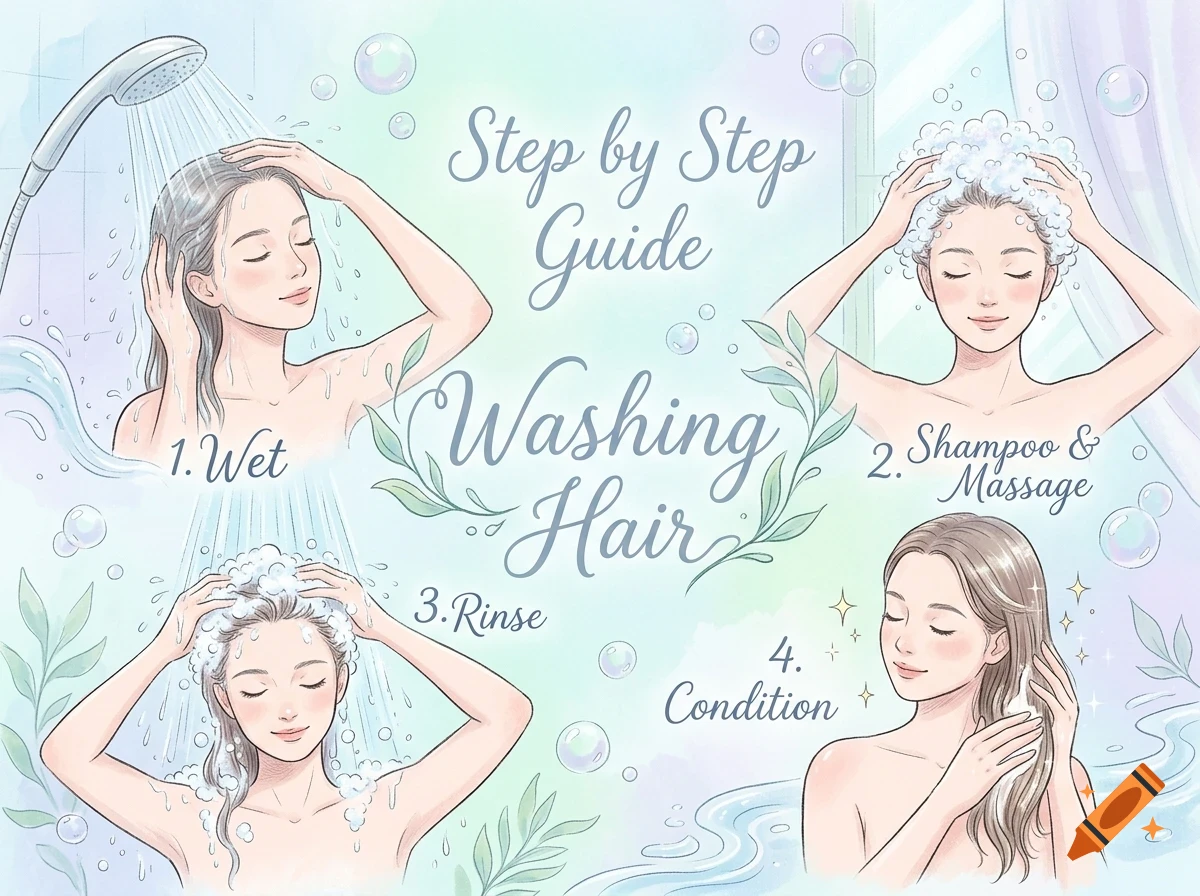 An illustrated step-by-step guide detailing how to wash hair, featuring four panels showing a woman wetting, shampooing, rinsing, and conditioning her hair.