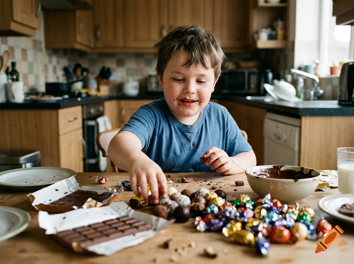 Young boy in a blue t-shirt sitting at a kitchen table surrounded by chocolates and candy, with chocolate on his face.