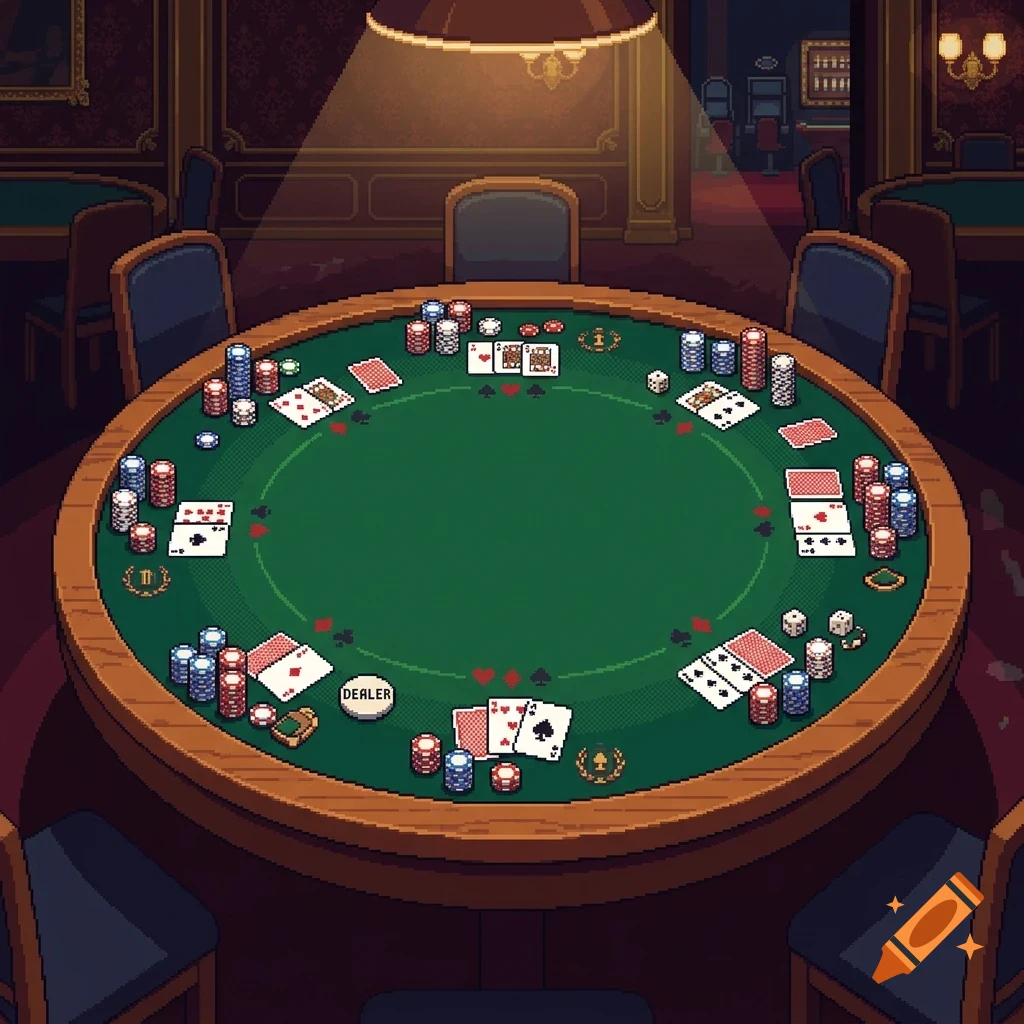 A pixel art illustration of a round green felt poker table with playing cards, poker chips, and dice illuminated by an overhead lamp in a dimly lit casino room.