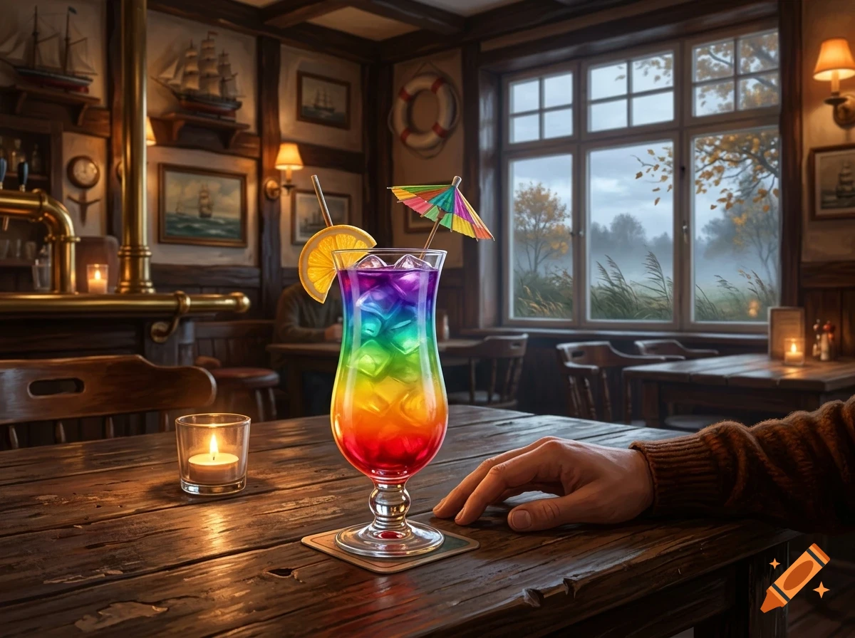 A layered rainbow-colored cocktail with a straw, orange slice, and cocktail umbrella in a hurricane glass on a wooden table inside a cozy pub.