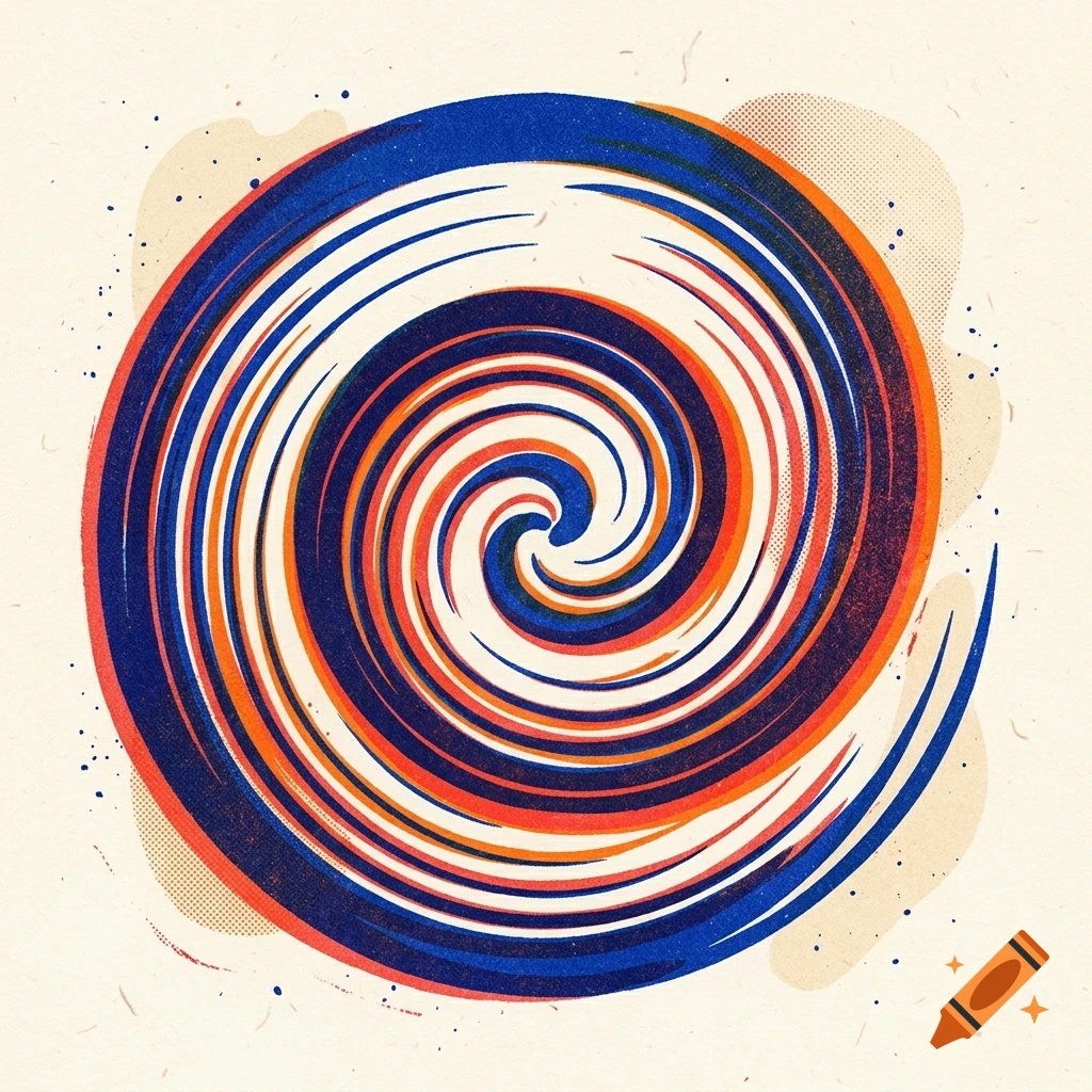 An abstract graphic illustration of a colorful spiral vortex featuring concentric swirling bands of blue, red, and orange with halftone texture details against a light cream-colored background.