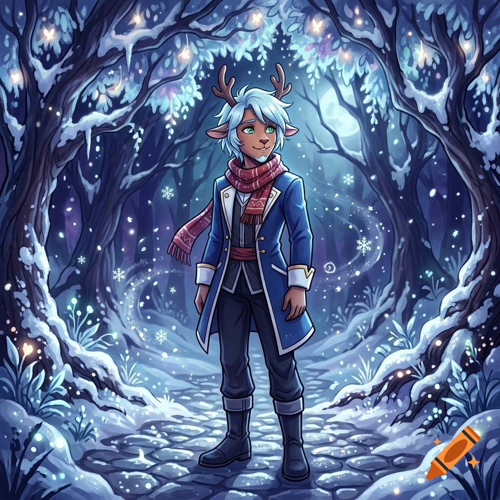 An illustration of a humanoid character with deer antlers, ears, and white hair, wearing a blue coat and red scarf, standing in a snowy forest path at night with glowing lights and snowflakes.