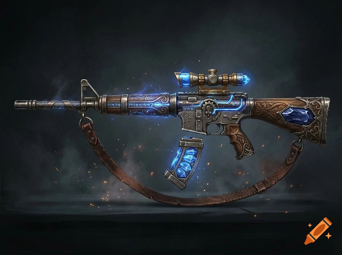 An ornate magical assault rifle with wooden and metallic engravings, glowing blue runes, embedded crystals, and a floating ammunition magazine against a dark background.