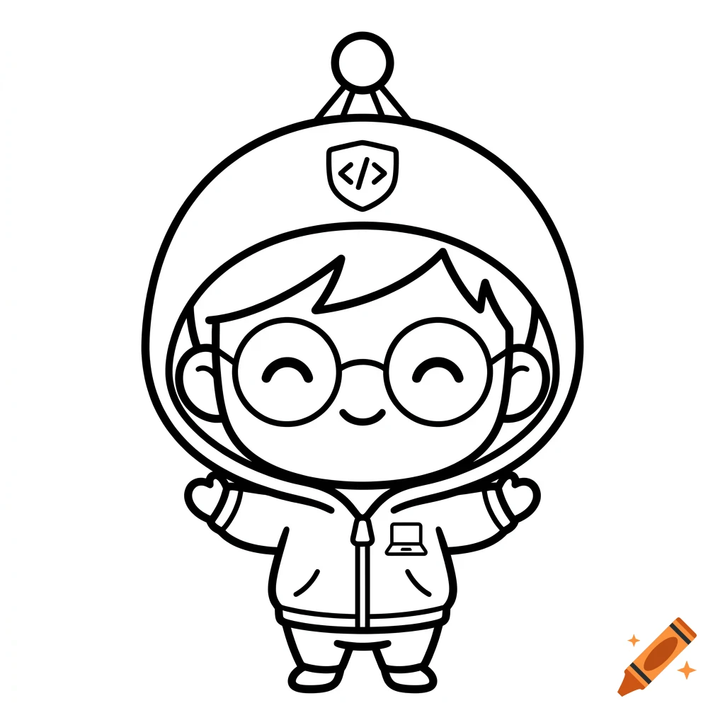 Black and white line art coloring page of a cute chibi character wearing glasses and a hoodie with code and laptop symbols.