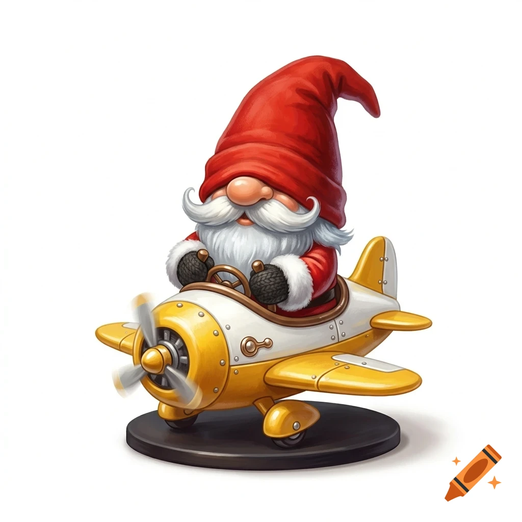 A festive gnome with a long white beard and a pointed red hat flying a small yellow and white toy airplane.