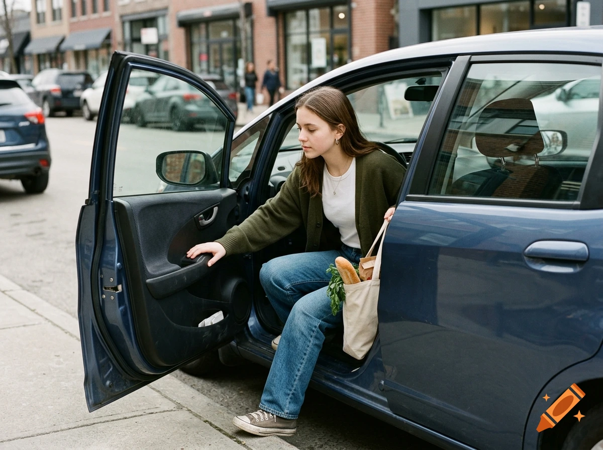 A teenage girl with a handbag getting out of a blue car on a city street, photorealistic style.