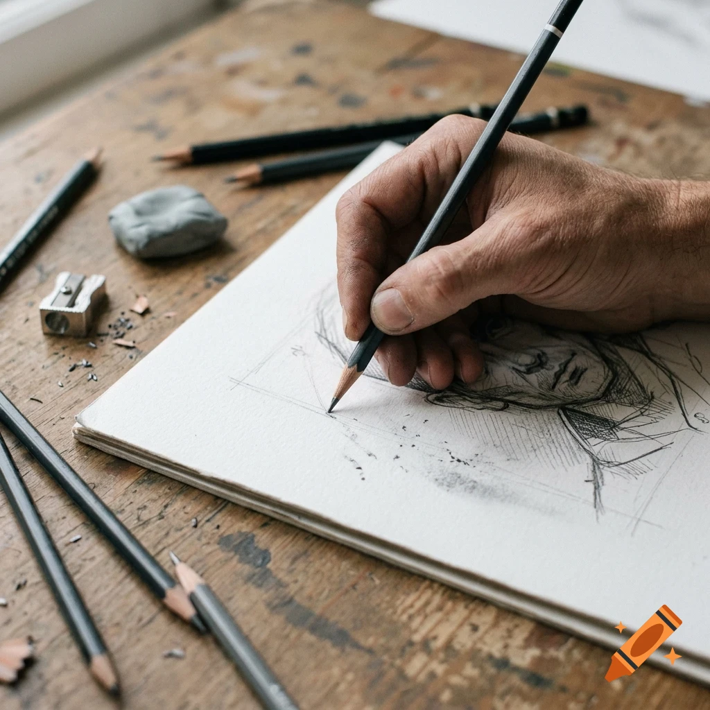 Close-up of a person sketching a portrait on paper with a pencil on a wooden desk, surrounded by other pencils, an eraser, and a sharpener.