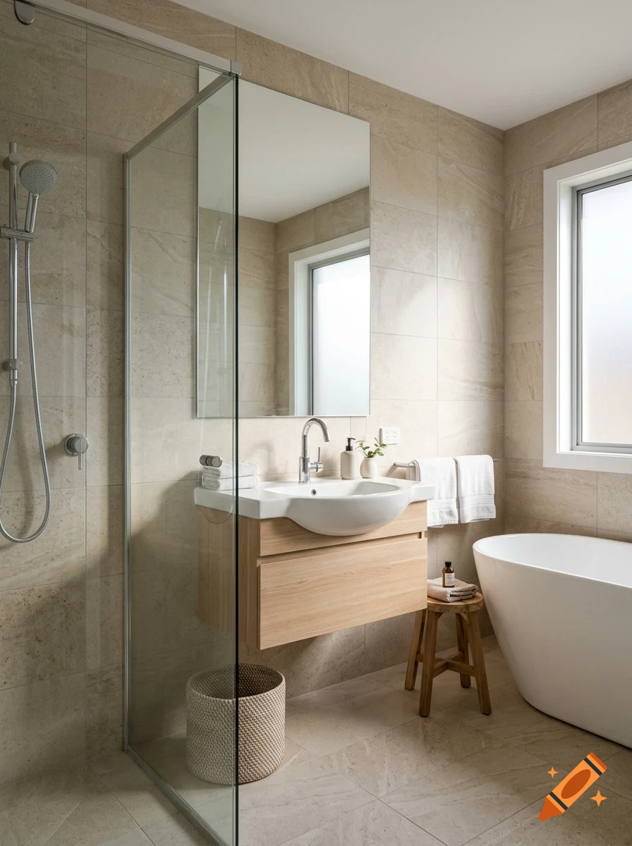 A modern, neutral-toned bathroom with beige tile walls, a floating wooden vanity with a white vessel sink, a freestanding bathtub, a glass-enclosed shower, and a large mirror reflecting the window.
