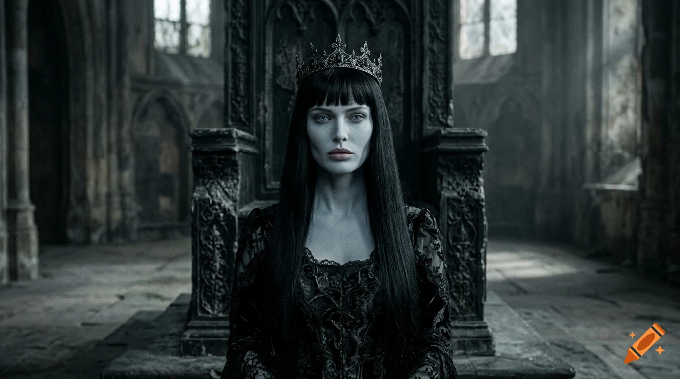 A woman with long black hair, wearing a crown and a black lace dress, seated on an ornate stone throne inside a dimly lit gothic hall.