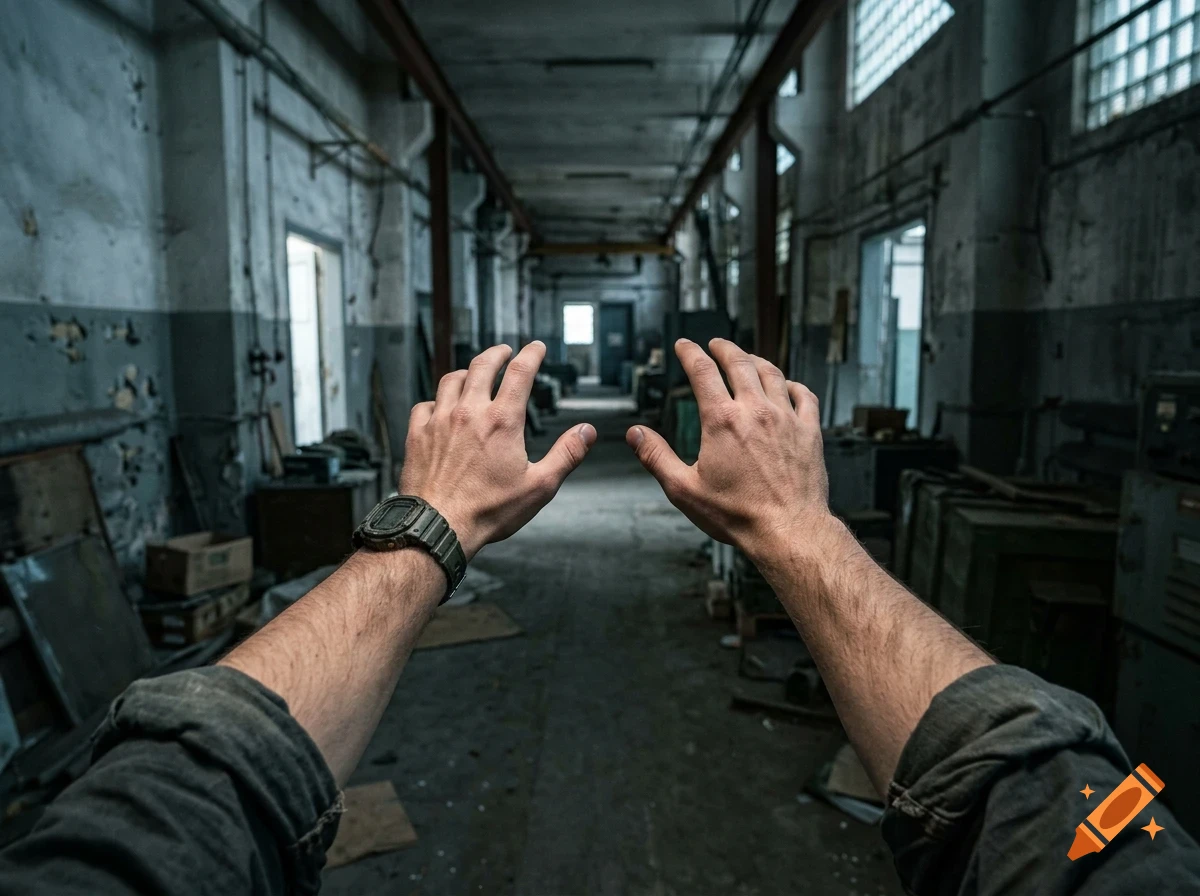 First-person perspective of a person with bare arms and rolled-up sleeves reaching out inside a desolate industrial building or hallway.
