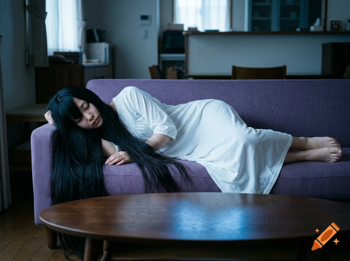 A Japanese ghost woman with long black hair sleeping on a purple couch in a living room, photorealistic.