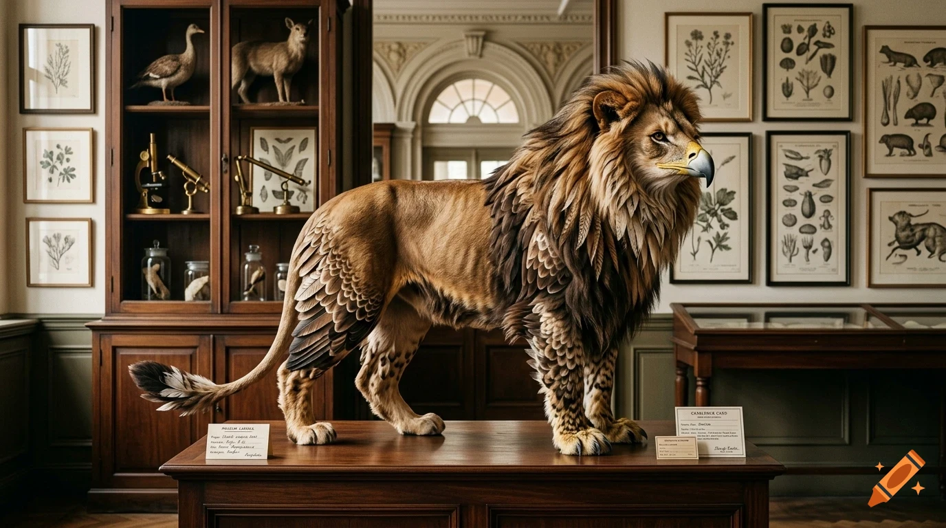 A griffin taxidermy specimen displayed on a wooden table inside a natural history museum with scientific illustrations on the walls.