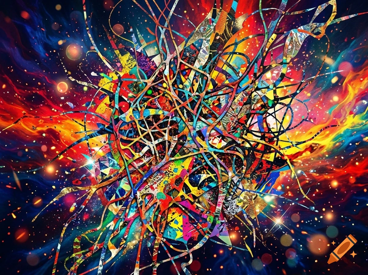 An abstract, colorful composition featuring tangled organic shapes and vibrant light effects against a dark, starry background.