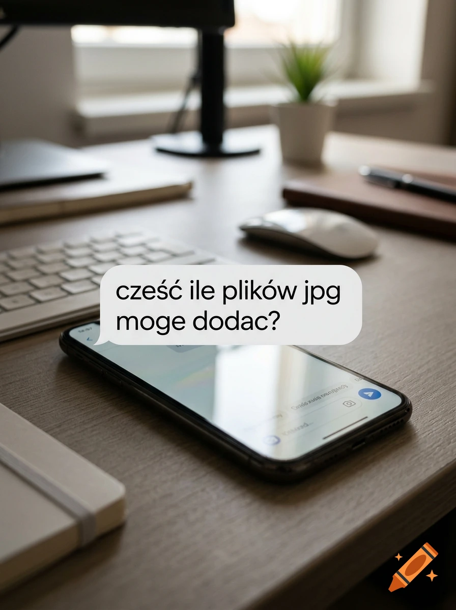 A smartphone resting on a wooden desk with a speech bubble displaying Polish text.