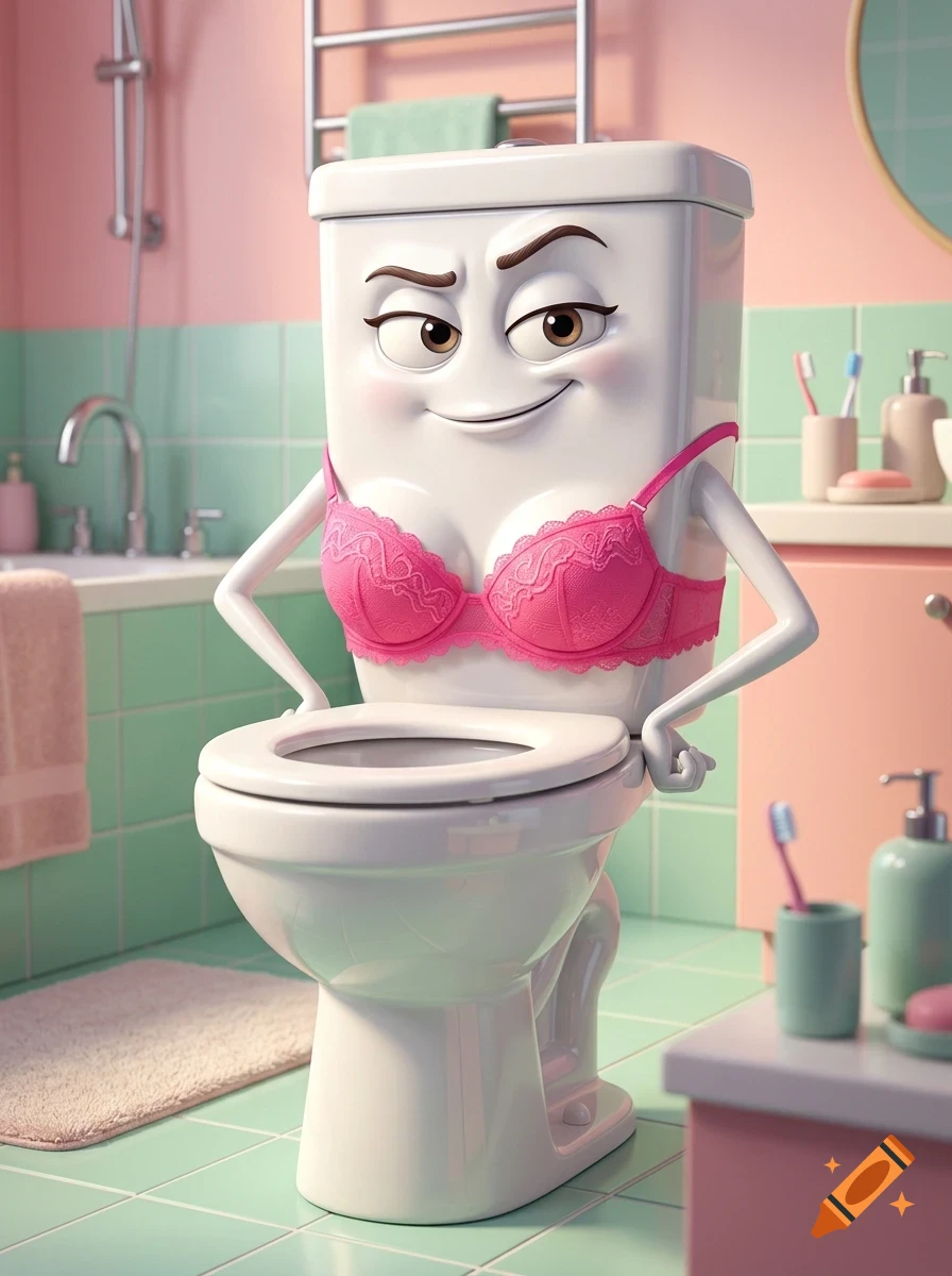 An anthropomorphic toilet wearing a pink lace bra with arms and a smiling face in a bathroom.