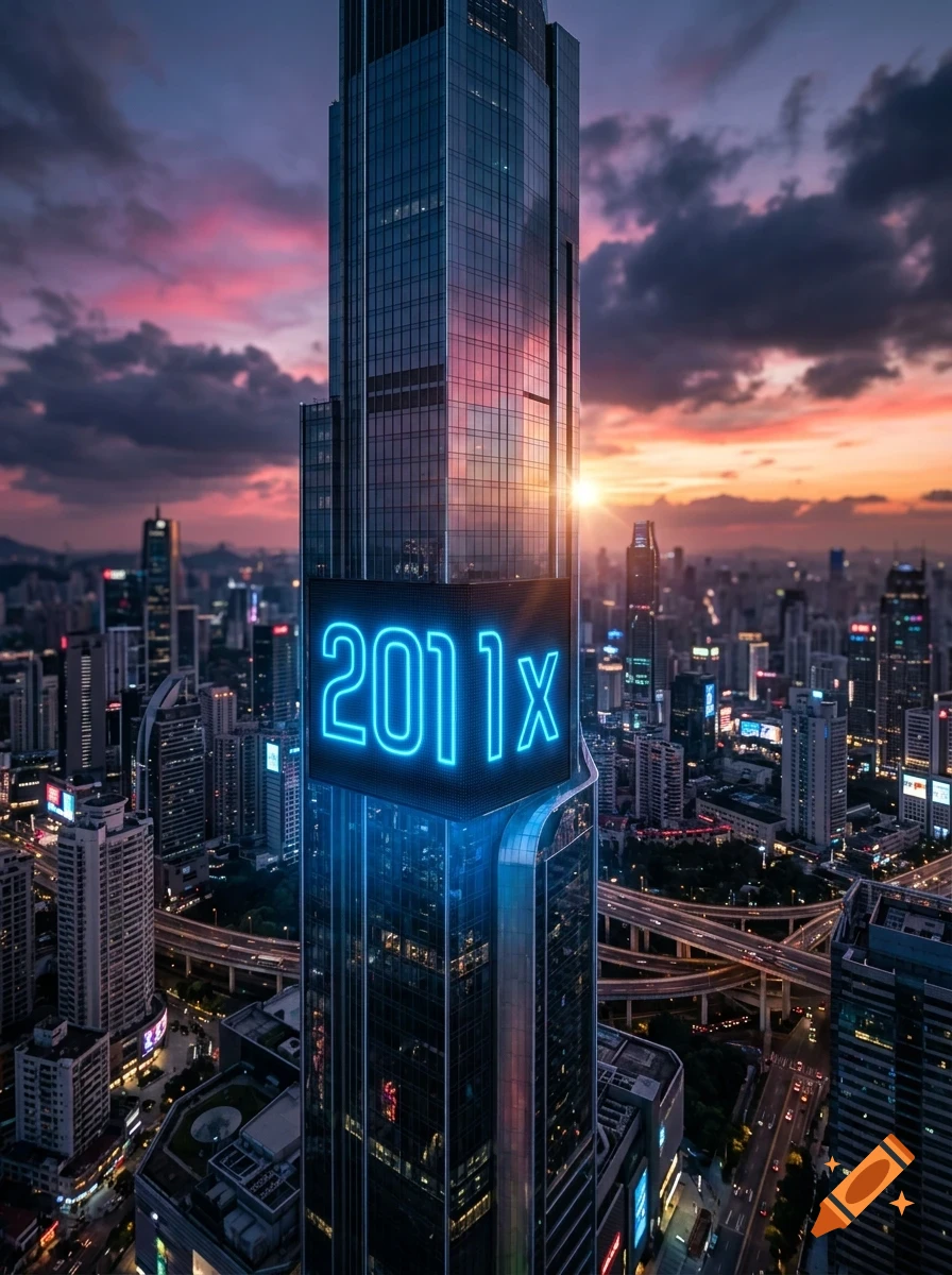 A towering skyscraper in a densely populated city at sunset, featuring a large glowing digital sign on its facade.
