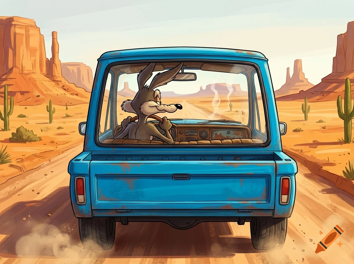 An anthropomorphic coyote driving a blue pickup truck through a desert landscape with buttes and cacti.