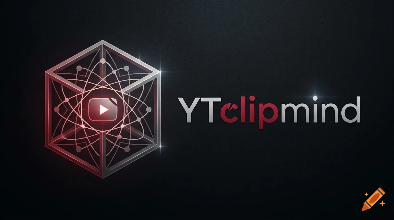A 3D logo featuring a metallic cube entwined with atomic orbit rings and a play symbol, alongside the text 'YTclipmind' against a dark background.