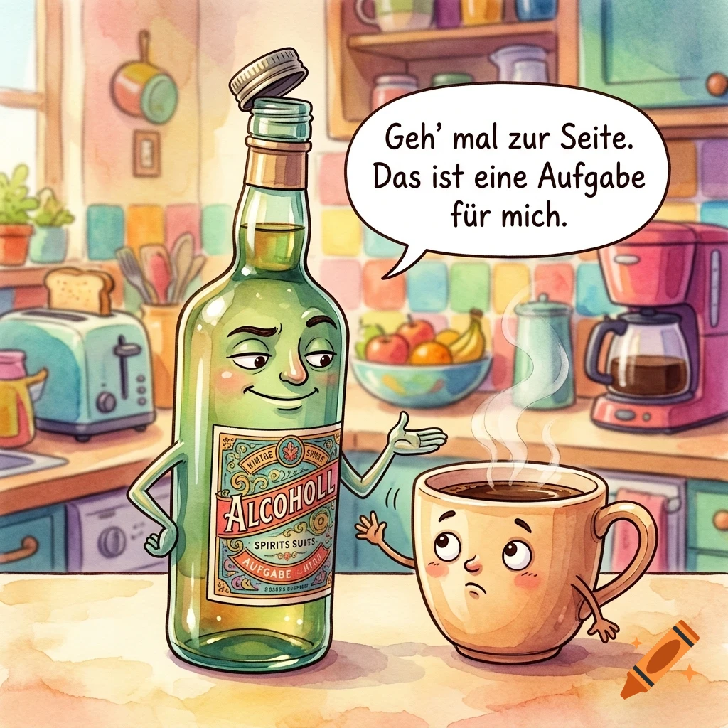 An anthropomorphic green glass bottle with a smiling face and arms gestures toward a sad anthropomorphic coffee cup in a kitchen with a speech bubble saying "Geh' mal zur Seite. Das ist eine Aufgabe für mich."