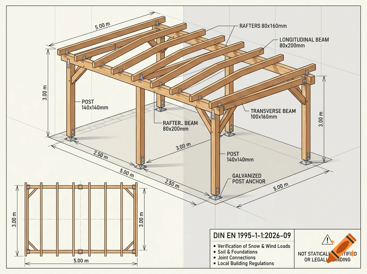 Technical architectural illustration of a wooden carport with dimensions, measurements, and a construction plan.