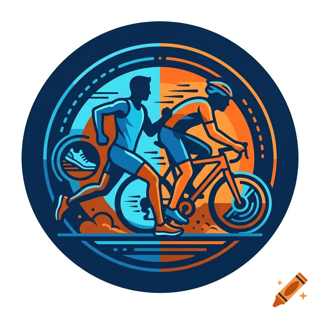 Vector emblem of a runner and a cyclist in blue and orange split design for a triathlon.