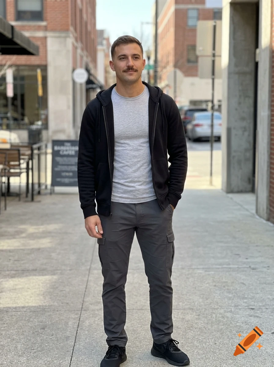 A full-length photo of a man with a mustache, wearing a gray t-shirt, black zip-up hoodie, dark cargo pants, and sneakers, standing on a city sidewalk.