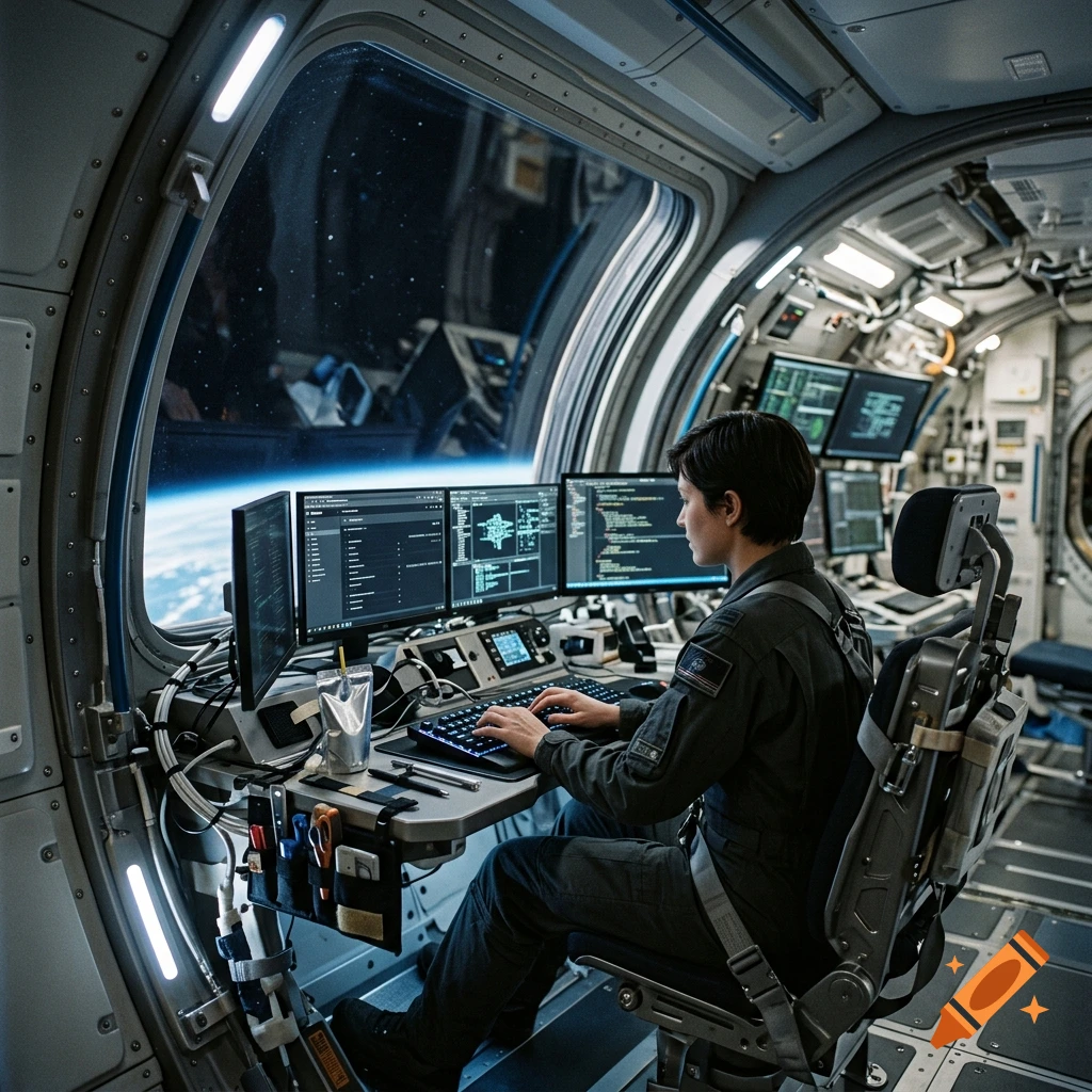 Photorealistic image of a person sitting in a futuristic spaceship cockpit working at computer screens.