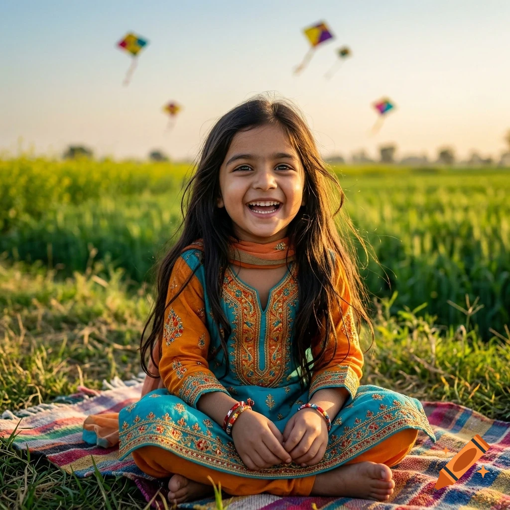 A young girl with long dark hair smiles brightly while sitting cross-legged on a blanket in a grassy field, with kites flying in the sky above her.