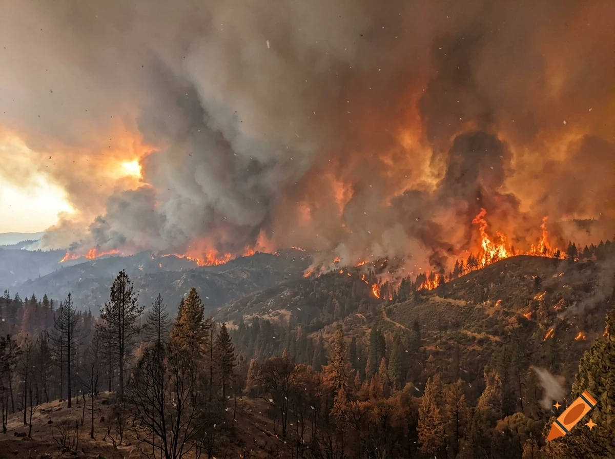 A massive wildfire burns across a heavily forested mountainous landscape, sending up thick plumes of orange and grey smoke into the sky.